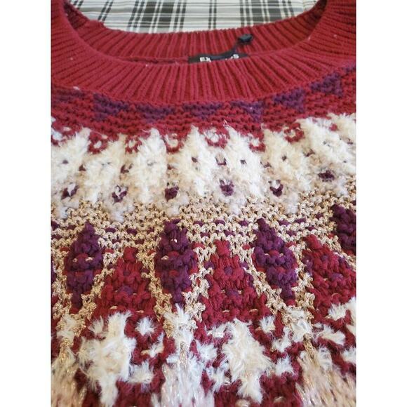 Express Fair Isle Sweater Puff Sleeve Knit Burgundy Beige Pullover - Picture 6 of 8